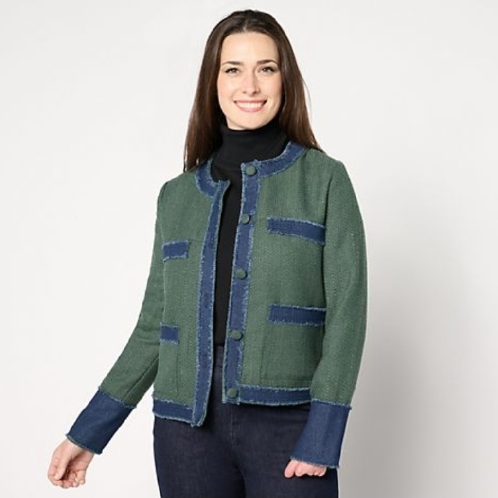 Studio Park X Shawn Killinger Denim & Forestgreen Tweed Collarless Jacket Large